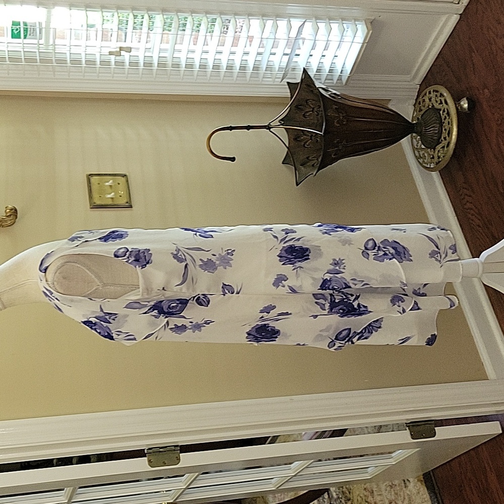 Mary McFadden blue white floral sleeveless layered dress Fully lined Sz XL …EUC - Picture 4 of 10
